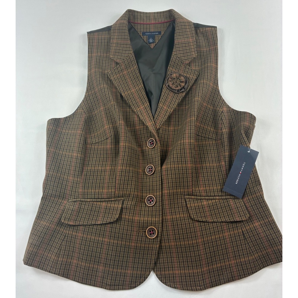 Tommy Hilfiger Plaid Vest Womens 16 Brown NWT Button Front Cinch Back Rosette